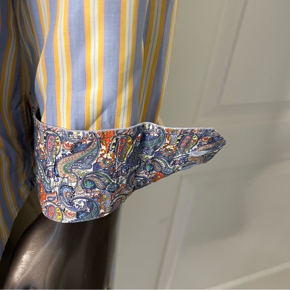 #56. Robert Graham Blue & Yellow Striped Dress Shirt • 16 1/2 - Picture 11 of 16
